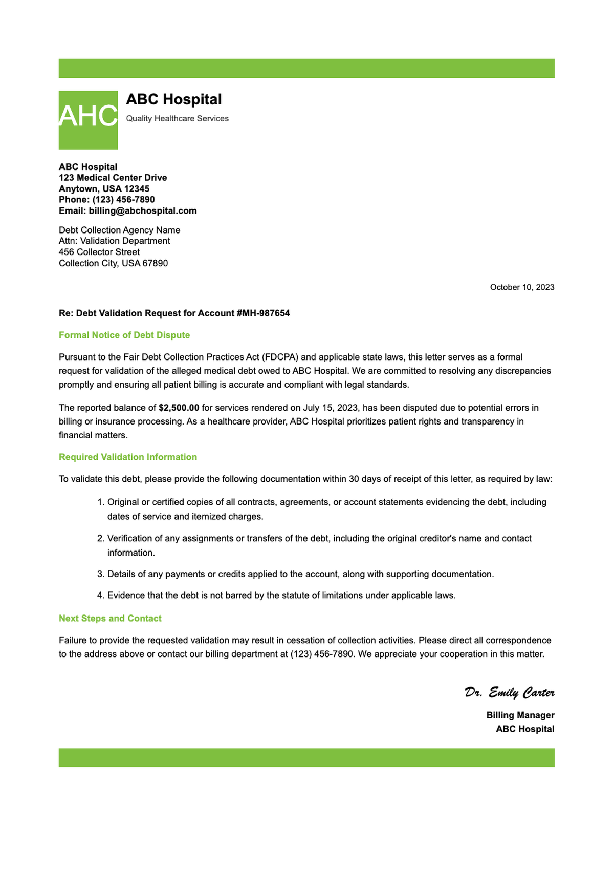 Medical debt validation letter template with green accents and editable fields_variant_2